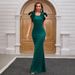 Elegant Satin Evening Gown With Flutter Sleeves Stunning Emerald Green & Wine Red Formal Dress For Galas & Parties ( Slim Fit With Waist Draping)_ecoleips.com