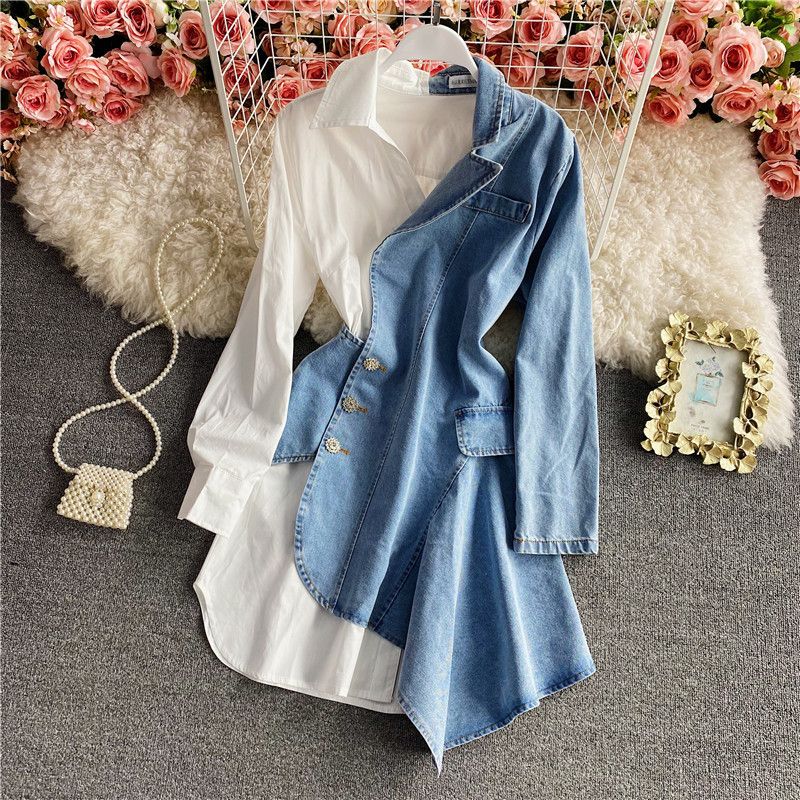 Spring Suit Women's Fashion Dress Shirt Skirt Polo Long Sleeve New Style Irregular_ecoleips.com