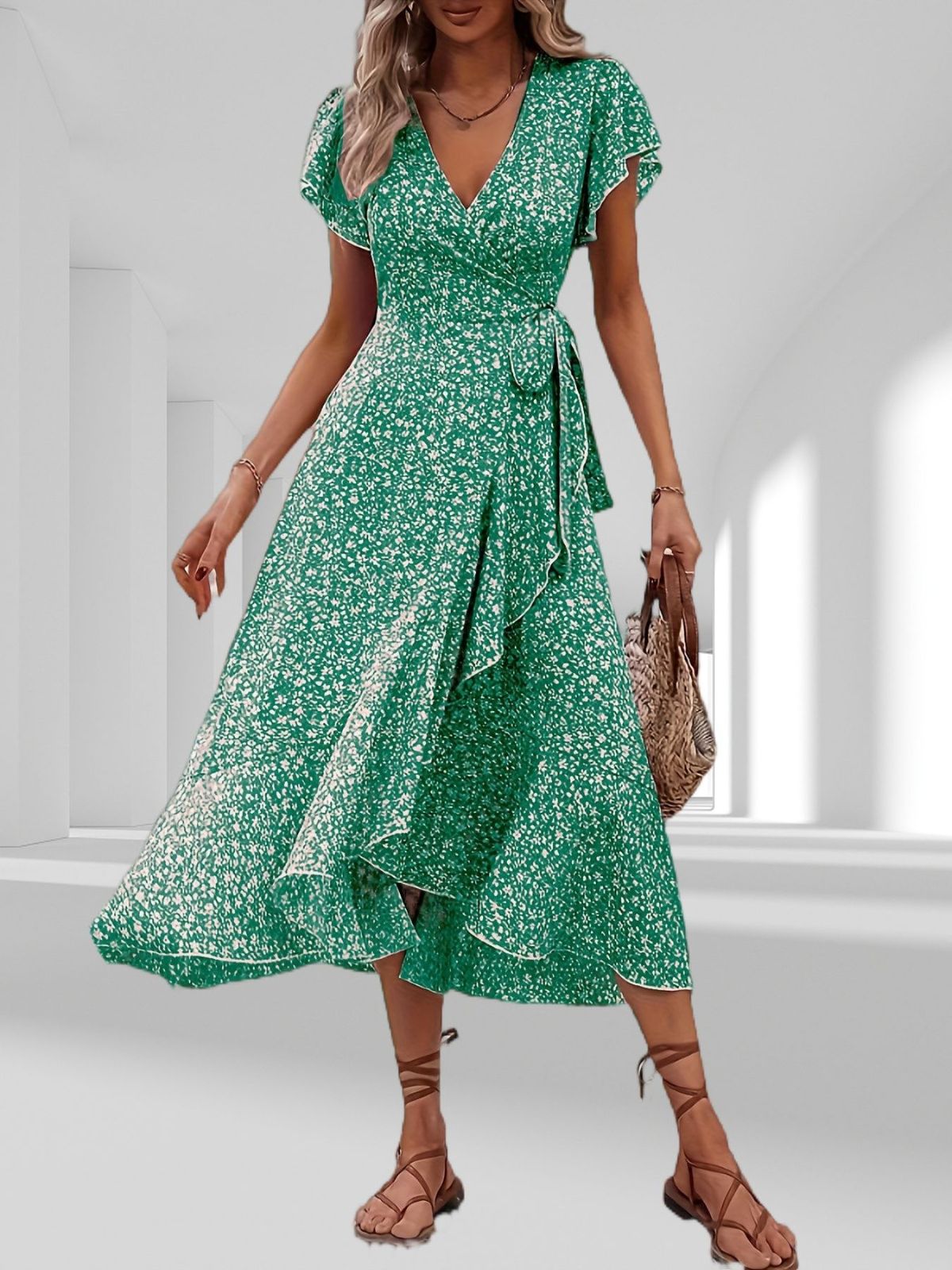 Women's V Neck Belt Wrap Dress Bohemian Swing New Feminine Casual Dress For Vacation_ecoleips.com
