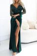 Elegant V-Neck Long Sleeve Wrap Dress With Feather & Sequin Details For Women – High Waist, Slit Hem, Winter Fashion_ecoleips.com