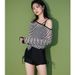 Women's Three Piece Swimsuit Set Long Sleeved Sun Protection Cover up Slimming Striped Design Boxer Briefs Hot Spring Swimmers_ecoleips.com