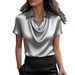 Elegant Satin Duffle Collar Top For Women Short Sleeved_ecoleips.com