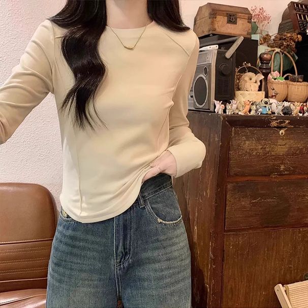 Korean Version Brushed Cotton Warm Long-Sleeve Base Shirt, Slim-Fit Herringbone Splicing Design For Spring, Autumn, And_ecoleips.com