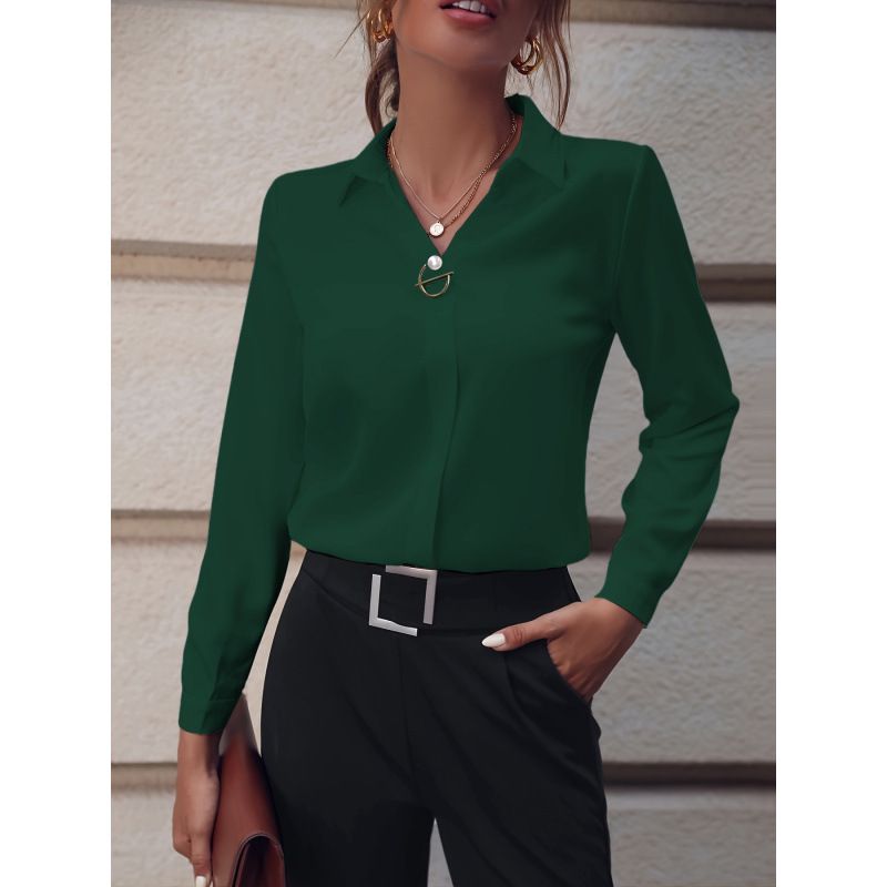 Commuter Women's Shirt-Versatile, Simple Solid-Color Long-Sleeved Shirt, Medium-Length, Large Size_ecoleips.com