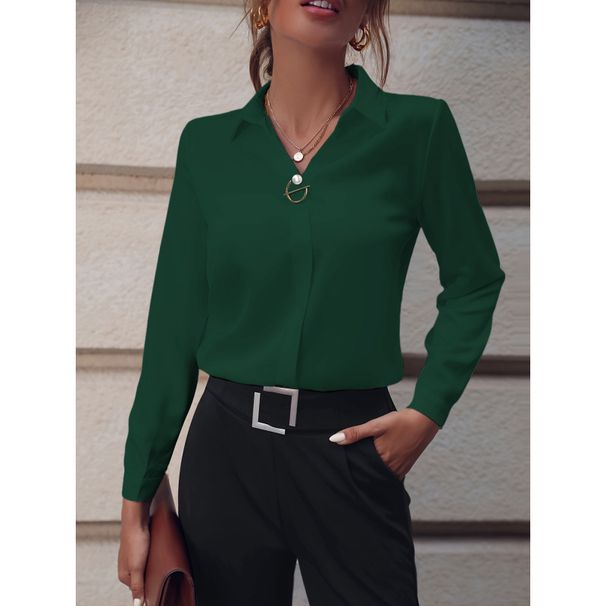 Commuter Women's Shirt-Versatile, Simple Solid-Color Long-Sleeved Shirt, Medium-Length, Large Size_ecoleips.com