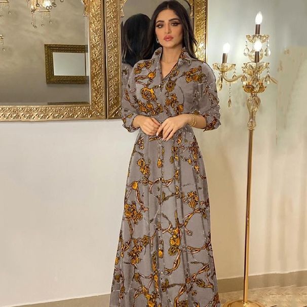 Women's Fashion MUSILIN Middle Eastern Ethnic Elegant Dress Retro Printed Robe_ecoleips.com