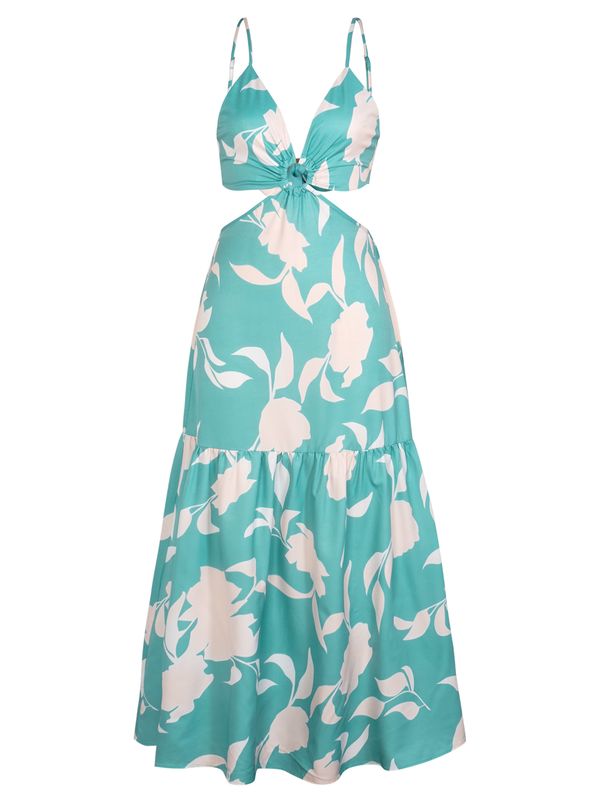 Women Maxi Dress Spaghetti Strap V Neck Cutout Waist Ring Floral Tiered Dress Boho Spring Summer Beach Vacation Flowy Dress_ecoleips.com