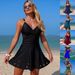 Women's One Piece Swimsuit European American Style Solid Color Hollow Out Bikini Skirt Style Cross Bandage Swimwear_ecoleips.com