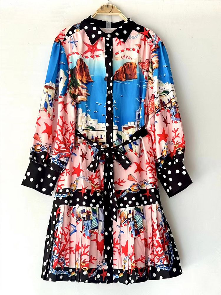 Women's Clothing women's retro geometric print lace up waist dress autumn shirt dress fashion draped tutu skirt_ecoleips.com