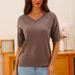 Women's V-Neck Knit Sweater, Oversized Drop-Shoulder Pullover With Ribbed Cuffs (Camel/Navy/Black, Xs-Xl)_ecoleips.com