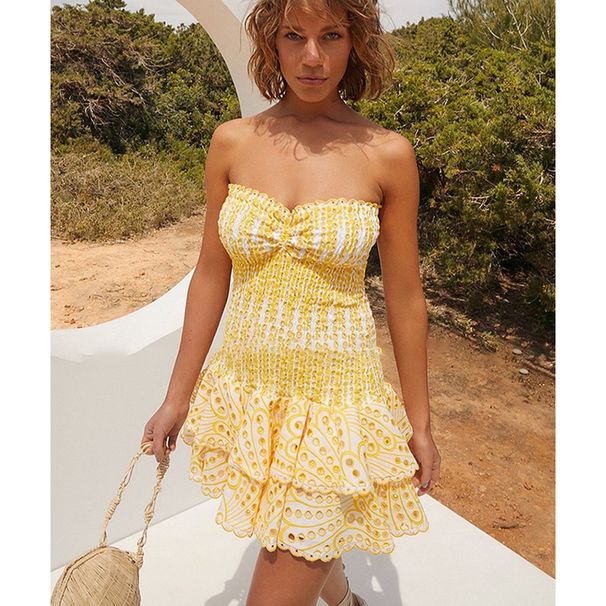 Australian Trendy Brand Short Skirt French-British Fashion Fresh Elegant Slim-fit Stretchy Strapless Embroidered Hollow_ecoleips.com