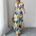 Women's Floral Print Casual Long Dress European American Style Summer Puff Sleeve V Neck Flutter Sleeve_ecoleips.com
