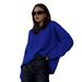Oversized Round Neck Sweater – Soft Polyester & Acrylic Blend, Relaxed Fit Long Sleeve Knit Top With Puff Sleeves, Minimalist Solid Color Pullover_ecoleips.com