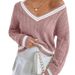 V-Neck Color Block Knit Sweater - Casual Oversized Pullover With Lantern Sleeves, Autumn Winter Fashion For Women_ecoleips.com