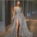 Women's sexy slit dress, popular green floor-length dress, one-shoulder sequined female celebrity evening dress_ecoleips.com