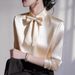 Summer Elegant Bow Tie Collar Long Sleeved Shirt for Women Versatile Stylish Blouse Regular Fit Polyester England Style Fashion_ecoleips.com