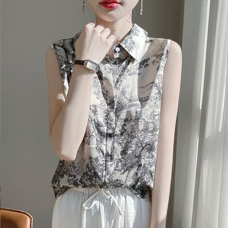 Women's Sleeveless Shirt Satin 3D Digital Print Elegant Top Loose Fit Versatile Retro Style New 2026 Cross Border_ecoleips.com