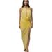 Women's Clothing Women's Yellow Dress Halter Neck Deep V Neck Open Back Crystal Slit Pleats For Formal & Casual For Women_ecoleips.com