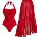 New 2026 Fiery Red Elegant One Piece Bikini Skirt With Slit Maxi Skirt Beach Swimsuit Set Spaghetti Strap Women's Swimwear_ecoleips.com