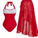 New 2026 Fiery Red Elegant One Piece Bikini Skirt With Slit Maxi Skirt Beach Swimsuit Set Spaghetti Strap Women's Swimwear_ecoleips.com