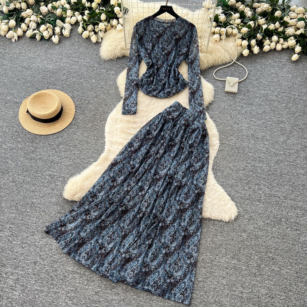 Women's French Romantic Style Red Floral Print Two Piece Set Slim Fit Elegant Waist Cinching Retro Suit for Autumn_ecoleips.com