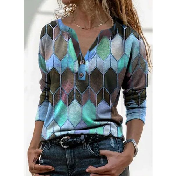 Women's Autumn French Style Contrast Print V-Neck Long Sleeve Base Shirt Top Women's Contrast Design_ecoleips.com