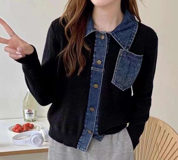 Women's Clothing Autumn And Winter Polo Collar Short Tops Two Piece Denim Collar Splicing Coat Knitted Cardigan_ecoleips.com