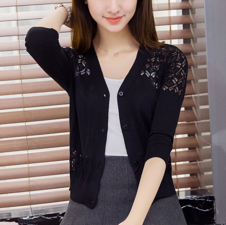 V-Neck Short Cardigan Hollow Knit Air Conditioning Sweater Coat Small Shawl Summer New Thin Women's_ecoleips.com