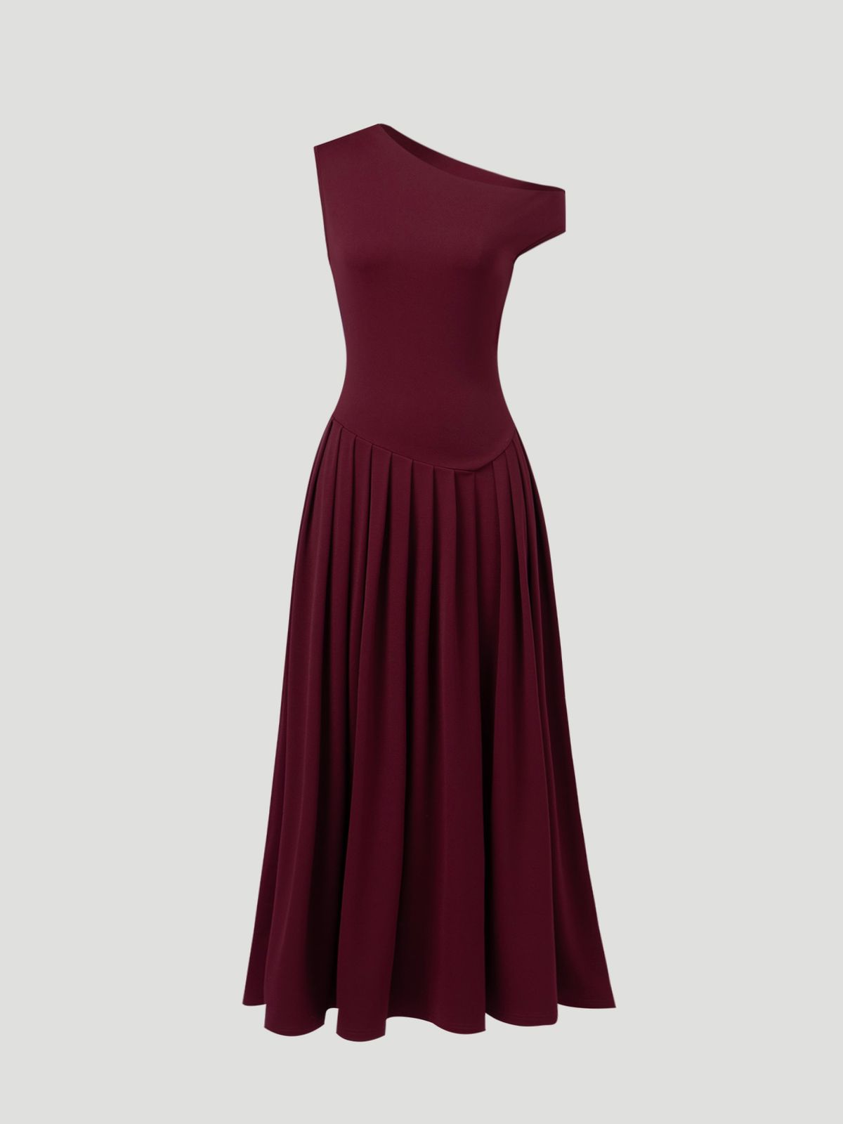 Women OneShoulder Sleeveless Burgundy Ruched FittedWaist Midi Dress Elegant Glam DateNight Summer WeddingGuest Cocktail Stretchy_ecoleips.com