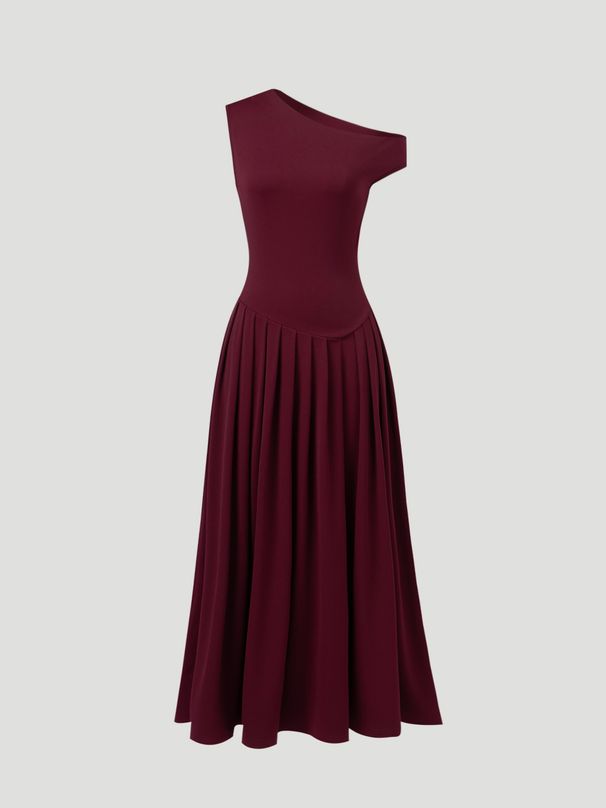 Women OneShoulder Sleeveless Burgundy Ruched FittedWaist Midi Dress Elegant Glam DateNight Summer WeddingGuest Cocktail Stretchy_ecoleips.com