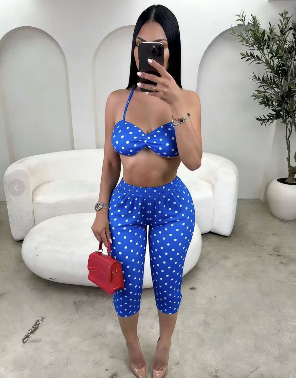 Women's Clothing Polka Dot Print Camisole Top And Hip Lifting 7/8 Pants Set Trendy Summer American Sexy_ecoleips.com