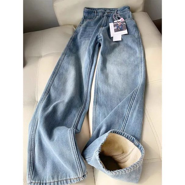 Women's Clothing Velvet Straight Jeans Autumn And Winter Light Blue Loose Slim All Match Thick Wide Leg Pants_ecoleips.com