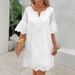 Women's Clothing Hollow Embroidery Fashion Casual Lace V Neck Five Point Sleeve Dress_ecoleips.com