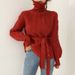 Korean Chic Oversized Tie-Neck Sweater - High Neck Bubble Sleeve Acrylic Knit Top (S-XL, Red/Blue)_ecoleips.com