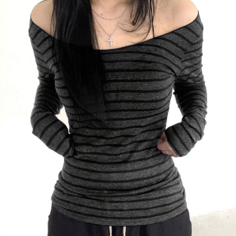 WG001 Striped Off-Shoulder Long-Sleeve T-Shirt For Women 2024 Autumn New Basic Versatile Pullover Slim Fit Casual Top_ecoleips.com