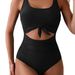 Women's Clothing One Piece Swimsuit Solid Color Hollow Backless High Waist Conservative Tankini Swimsuit_ecoleips.com