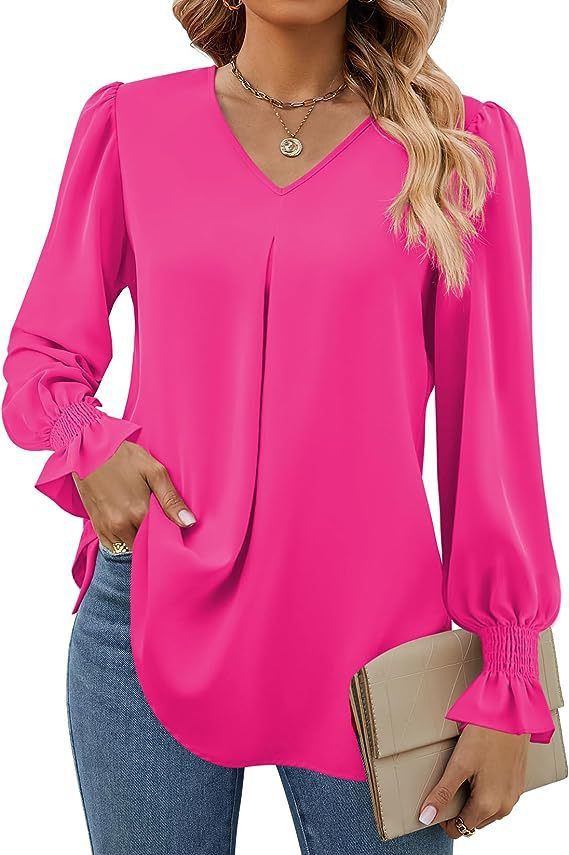 Aria Basics Aria Basics Cross-Border European And American Women's Clothing Autumn Winter New Solid Color Chiffon Blouse V-Neck Pullover_ecoleips.com