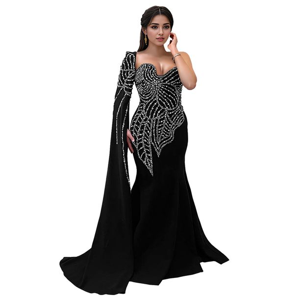 Women's Black Fishtail Evening Dress With Long Sleeves & Shawl - Elegant Diamond-Embellished Formal Gown_ecoleips.com