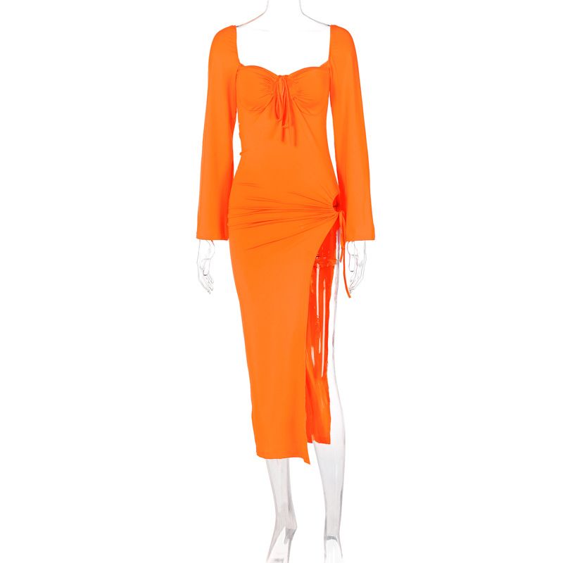 New Arrival Elegant Long Sleeve Lace Up Waist Cinching Backless Cut Out Slit Bodycon Dress For Women Formal Occasions_ecoleips.com