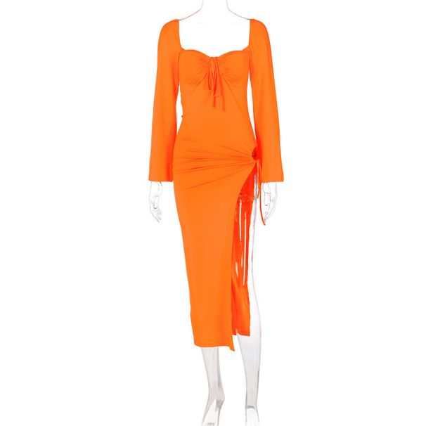New Arrival Elegant Long Sleeve Lace Up Waist Cinching Backless Cut Out Slit Bodycon Dress For Women Formal Occasions_ecoleips.com