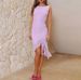 European And American Cross-border 2025 Summer New Fashion Mesh Tight-fitting Solid Color Elegant Pleated Dress For_ecoleips.com