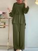 H730 Muslim Women's Solid Color Drawstring Tie Two-Piece Set Round Neck Top Wide-Leg Pants Elegant Ladies Suit_ecoleips.com