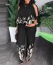 2023 European And American Women's Clothing, Round Neck, Raglan Three-quarter Sleeves, Beaded, Printed Long Pants Set,_ecoleips.com