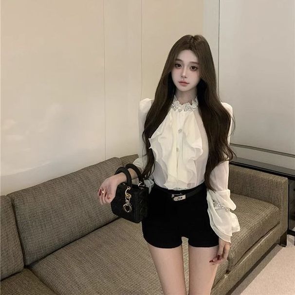 French Court Style Heavy-duty Rhinestone-embellished Ruffle Blouse For Women, Spring Bell-sleeve Chiffon Shirt, Black_ecoleips.com