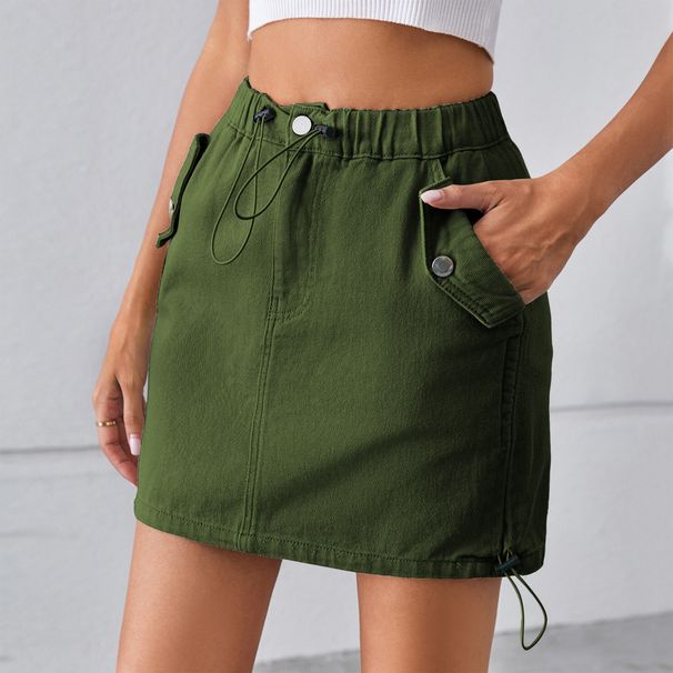 Women's Clothing Summer Washed Drawstring Elastic Waist Denim Short Skirt Trend_ecoleips.com