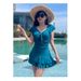 Sweet Ruffle Sleeve One Piece Swimsuit Dress With Bow Front Ruched Waist Flared Skirt Modest Swimwear For Beach Pool Vacation_ecoleips.com