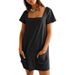 2026 Women's Square Neck Short Sleeve Fashion Short Skirt Pocket Casual Dress_ecoleips.com