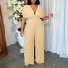Women's Clothing New Women's Sexy V Neck Solid Color Pleated Jumpsuit_ecoleips.com