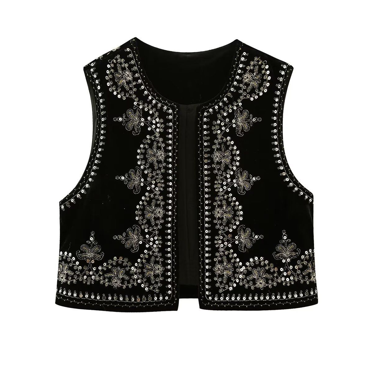 Women's clothing beaded embroidered vest vest Y2K black velvet vest top 8ES_ecoleips.com