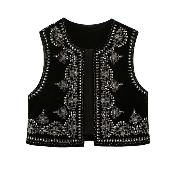 Women's clothing beaded embroidered vest vest Y2K black velvet vest top 8ES_ecoleips.com